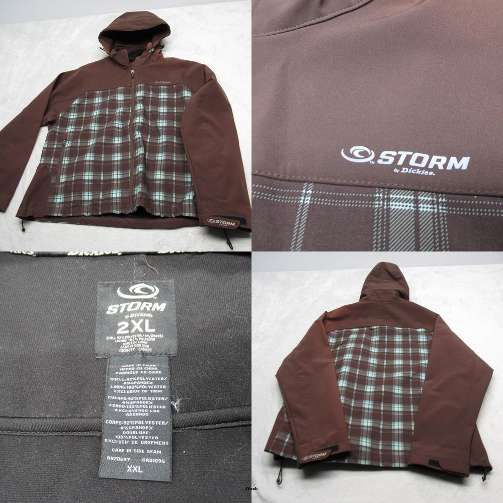 Dickies Storm Jacket Women 2XL Brown Plaid Hooded Full Zip Softshell Wind Rain